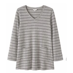 J. Jill Grey Striped Ribbed Knit‎ V-Neck Tunic Top with Pockets Womens Large